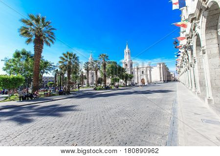 AREQUIPA PERU NOVEMBER 9: Main square of Arequipa with church on november 9  2015 in Arequipa Peru. Arequipa's Plaza de Armas is one of the most beautiful in Peru.