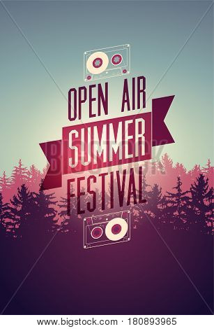 Summer festival open air typographical poster with fir trees landscape. Vector illustration.