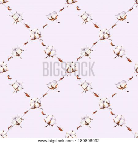 Watercolor cotton flowers seamless pattern on light purple background