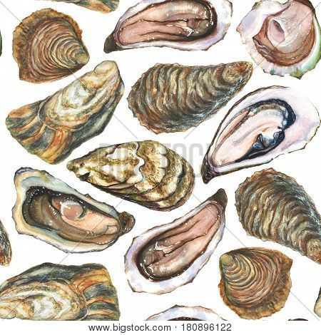 Watercolor hand made oysters seamless pattern on white background