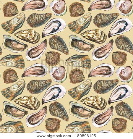 Watercolor hand made oysters seamless pattern on light brown background
