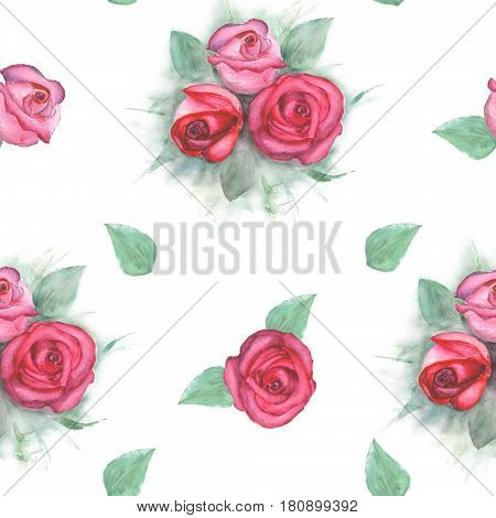 Watercolor pattern with roses on white background