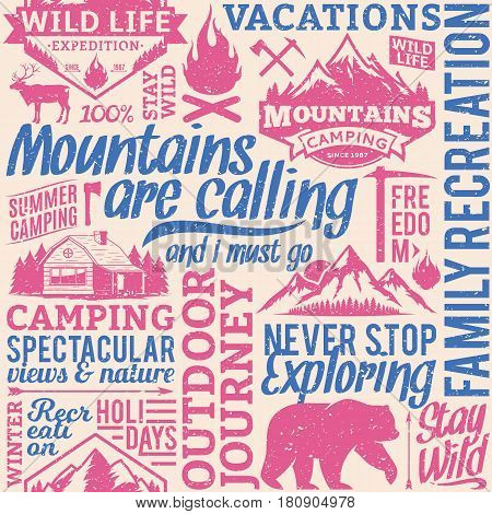 Retro styled typographic vector mountain and outdoor adventures seamless pattern or background. Tourism hiking and travel icons for tourism organizations outdoor events and camping leisure