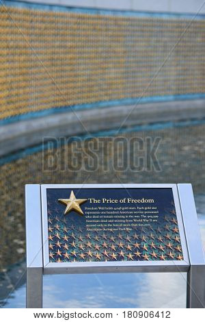 WASHINGTON DC, USA - 03 MAY 2014: Freedom Wall in World War II Memorial in Washington DC. The wall holds 4,948 stars and each star represents 100 American soldiers died in a war.