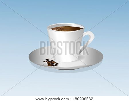 Cup of coffee with foam on a saucer with coffee beans on a blue background