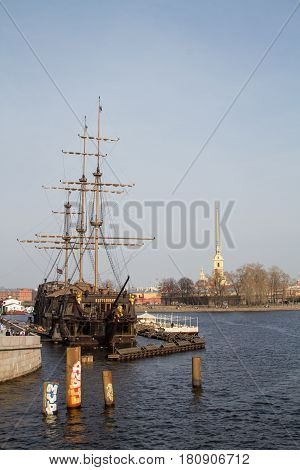 St. Petersburg-09.04.2017: wooden sailer converted to a restaurant, in the background Peter and Paul Fortress