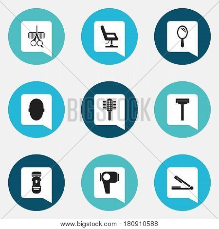 Set Of 9 Editable Tonsorial Artist Icons. Includes Symbols Such As Shaver, Charger, Elbow Chair And More. Can Be Used For Web, Mobile, UI And Infographic Design.
