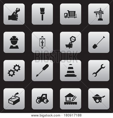 Set Of 16 Editable Construction Icons. Includes Symbols Such As Worker, Trolley, Warning Cone And More. Can Be Used For Web, Mobile, UI And Infographic Design.