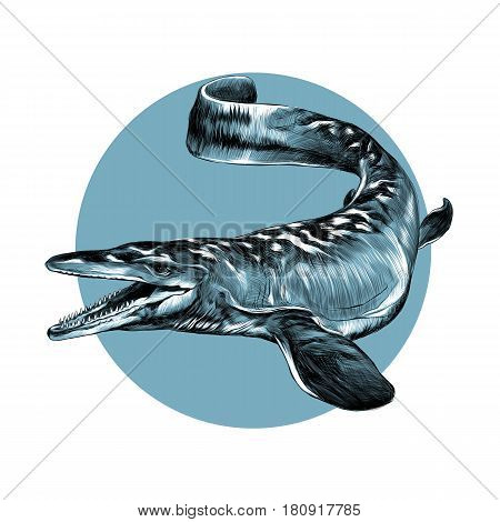 aquatic dinosaur with flippers sketch graphics vector black and white pattern on the background of blue circle