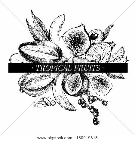 Vector hand drawn smoothie bowls poster. Exotic engraved fruits. Tropical sweet food. Banana mango fig pitaya acai lychee carambola papaya Use for exotic restaurant food party