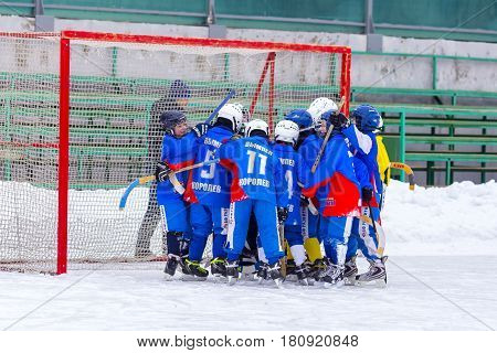 RUSSIA, OBUKHOVO- FEBRUARY 19, 2016: Third stage of Children's hockey League bandy