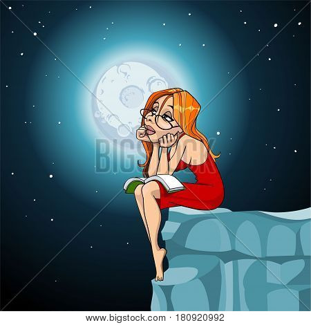 cartoon woman sitting dreamily moonlit night with a book