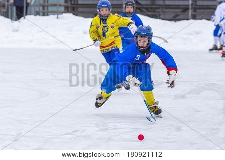RUSSIA, OBUKHOVO- FEBRUARY 19, 2016: Third stage of Children's hockey League bandy