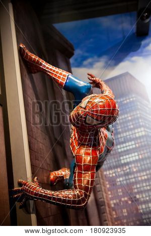 Amsterdam, Netherlands - March, 2017: Spiderman Marvel comics in Madame Tussauds Wax museum in Amsterdam, Netherlands