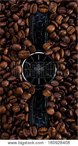 watch in coffee beans time clock reflaction morning conceptideas creative photography deadline dreams fantasy