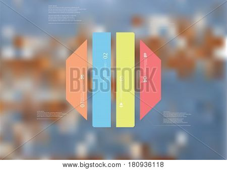 Illustration infographic template with motif of octagon vertically divided to four standalone color sections. Blurred photo with texture motif of worn wooden board is used as background.