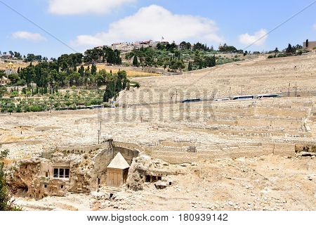 Mount of Olives and Kidron valley scenic landscape Jerusalem.