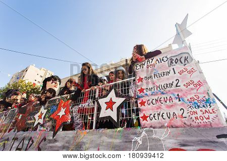 LIMASSOL, CYPRUS - FEBRUARY 26: Grand Carnival Parade - an unidentified people of all ages , gender and nationality in colorful costumes during the street carnival, February 26, 2017 in Limassol, Cyprus.