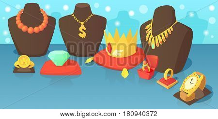 Jewelry horizontal banner concept. Cartoon illustration of jewelry vector horizontal banner for web