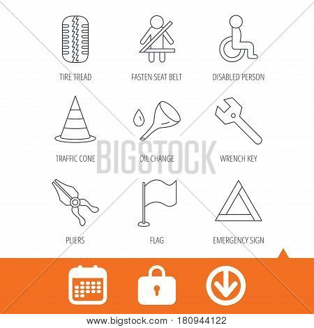 Tire tread, traffic cone and wrench key icons. Emergency triangle, flag and pliers linear signs. Disabled person icons. Download arrow, locker and calendar web icons. Vector