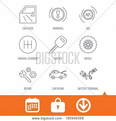 Car key, repair tools and manual gearbox icons. Wheel, warning ABS and battery terminal linear signs. Download arrow, locker and calendar web icons. Vector
