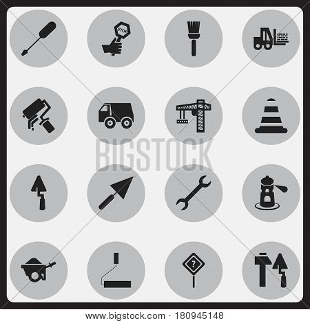 Set Of 16 Editable Construction Icons. Includes Symbols Such As Trowel, Mop, Seamark And More. Can Be Used For Web, Mobile, UI And Infographic Design.