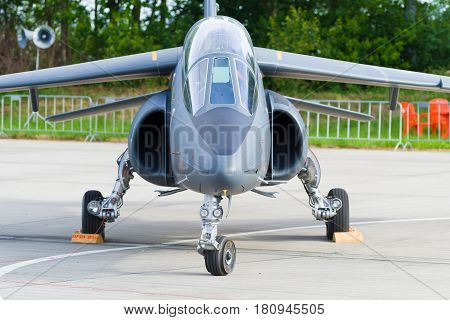 LEEUWARDEN NETHERLANDS - JUNE 10 2016: parked dassault-dornier alpha jet fighter at the dutch air force open days