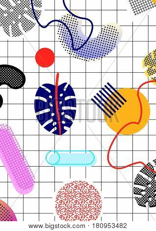 Memphis background in the style of the 80's with different objects, leaves of palm trees, circles, lines, waves, against the background of a grid, cells