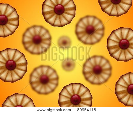 Buttery cookies with red jam seamless background isolated on white. Defocused cookies elements.