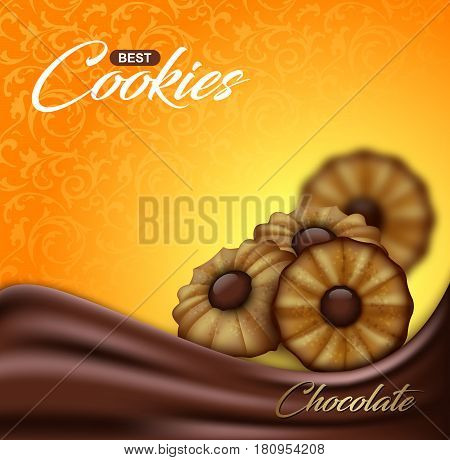 Buttery cookies with chocolate on floral pattern backdrop. Label packaging or advertising poster design. Bright orange and yellow biscuit background with brown cloth or choco wave