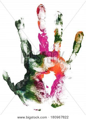 Close-up colorful gouache imprint wrist. Gouache hand print paint
