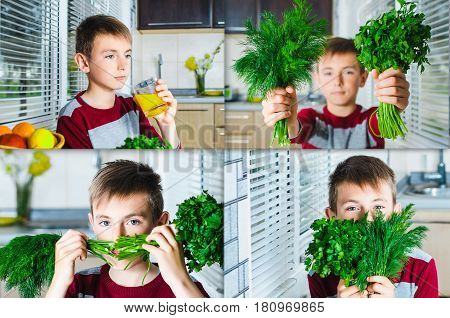 A Collage Of Four Photos With Greens