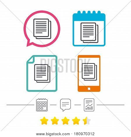 Copy file sign icon. Duplicate document symbol. Calendar, chat speech bubble and report linear icons. Star vote ranking. Vector