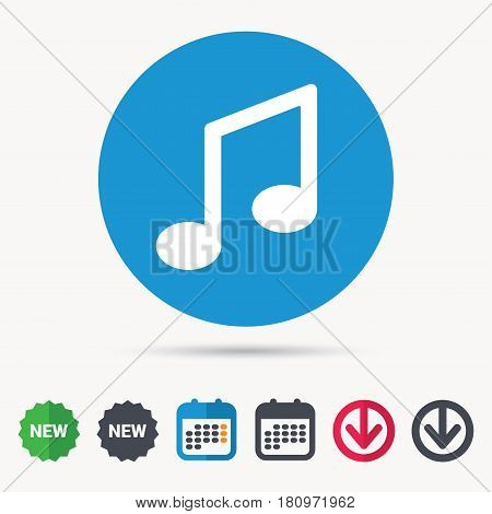 Music icon. Musical note sign. Melody symbol. Calendar, download arrow and new tag signs. Colored flat web icons. Vector