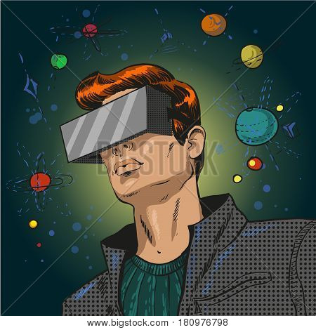 Vector illustration of young man in 3d anaglyph glasses in retro pop art comic style. Stereo glasses for cinema.