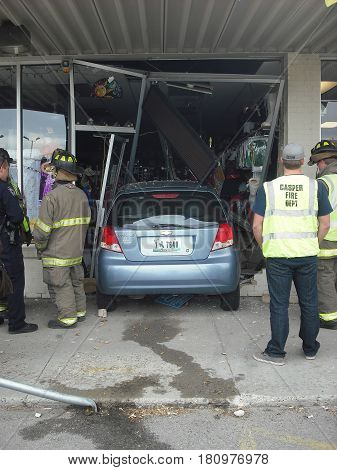OCTOBER 2, 2013. CASPER, WY.  CIRCA:  Old female driver was confused and drove her car into a store in the shopping mall.
