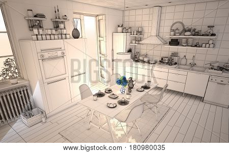 White Sunny Kitchen 3D Wireframe Home Remodeling