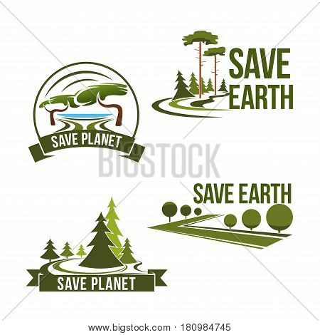Save Earth icons and nature protection or preservation concept. Green eco environment and pollution prevention vector symbols set of park trees and garden plants with ribbons