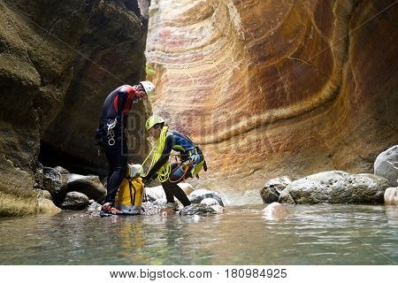 Canyoning in Gorgol Canyon, Tena Valley, Pyrenees, Huesca Province, Aragon, Spain.