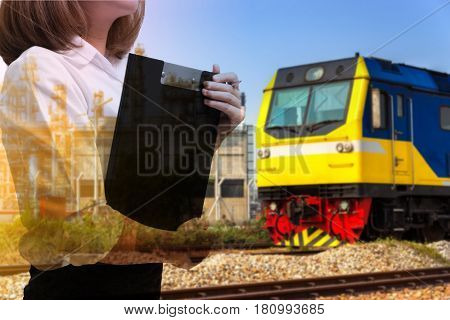Multi Exposure. Young Business Woman In Shipping Business Scene.