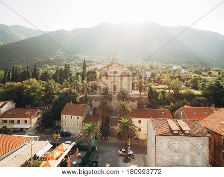 Prcanj, Montenegro The Bay of Kotor. Church of the Nativity of the Virgin. Aerial photography.
