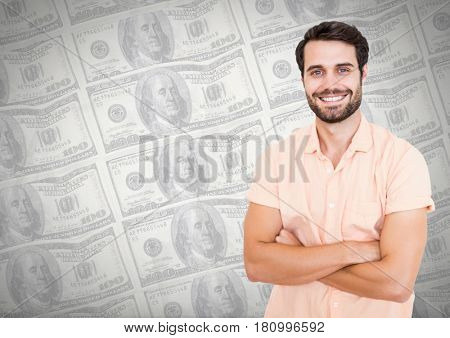 Digital composite of Man smiling with arms folded i front of money notes