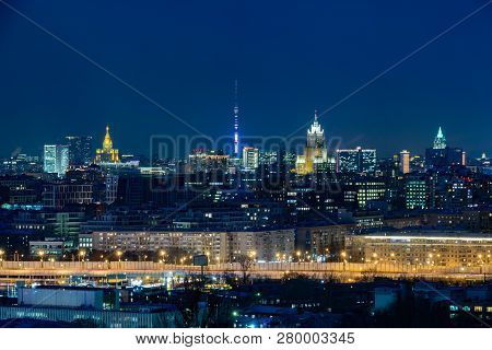Night City Landscape. Moscow, Russia. Ostankino Tower On The Horizon. Street Lights.