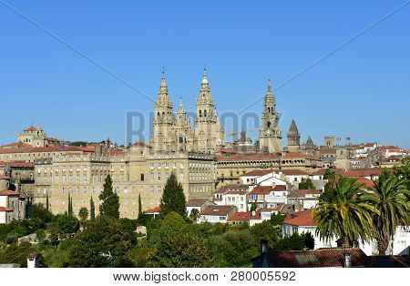 Cathedral, View From Alameda Park. Baroque Facade And Towers With City Hall. Santiago De Compostela,