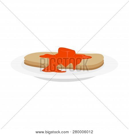 Plate With Stack Of Lush Fritters Covered With Jam. Delicious Breakfast Concept. Colorful Flat Vecto