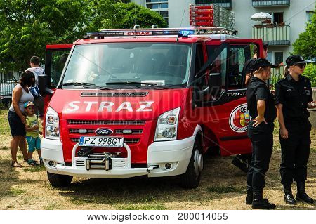 Poznan, Poland - June 9, 2018: Fire Exhibition Van During The Bezpieczne Wakacje Event On The Local 