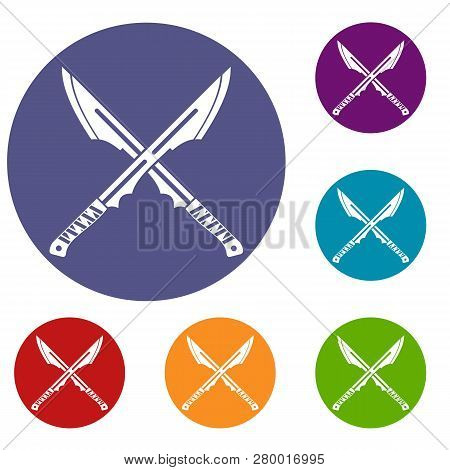 Japanese Tanto Daggers Icons Set In Flat Circle Red, Blue And Green Color For Web