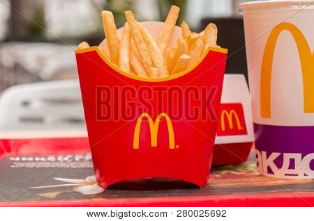 Moscow, Russia, March 15 2018: McDonald's, French Fries at red tray
