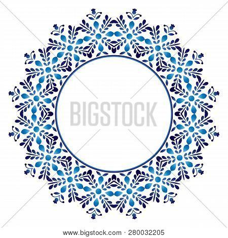 Ceramic Tile Pattern. Decorative Round Ornament. White Background With Art Frame. Islamic, Indian, A