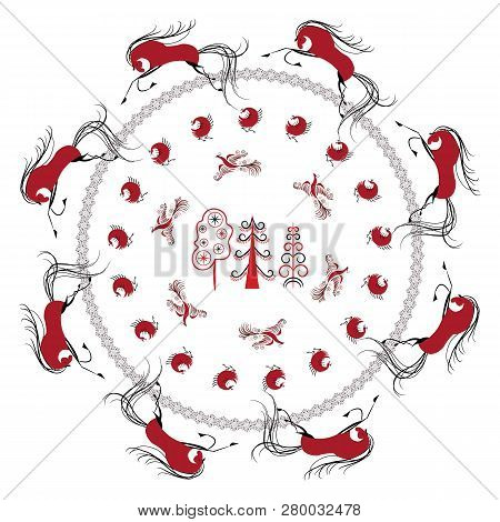 Decorative Pattern In Style Of Traditional Folk Art From The North Of Russia, Named Mezen Painting, 